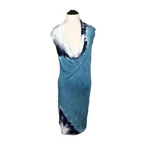 Boston Proper Blue Tie Dye Cowl Drape Neck Waist Tie Sleeveless Dress Medium